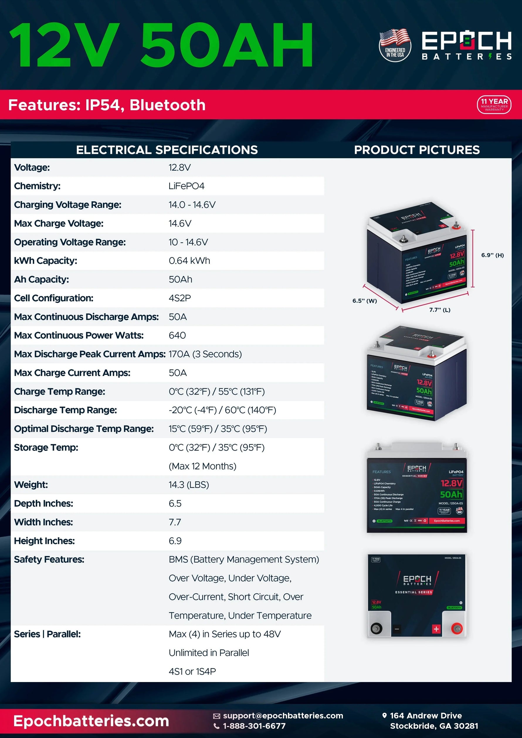Epoch Batteries 12V 50Ah (0.64kWh) Essential Series - Bluetooth LiFePO4 Battery - Green Vista Living