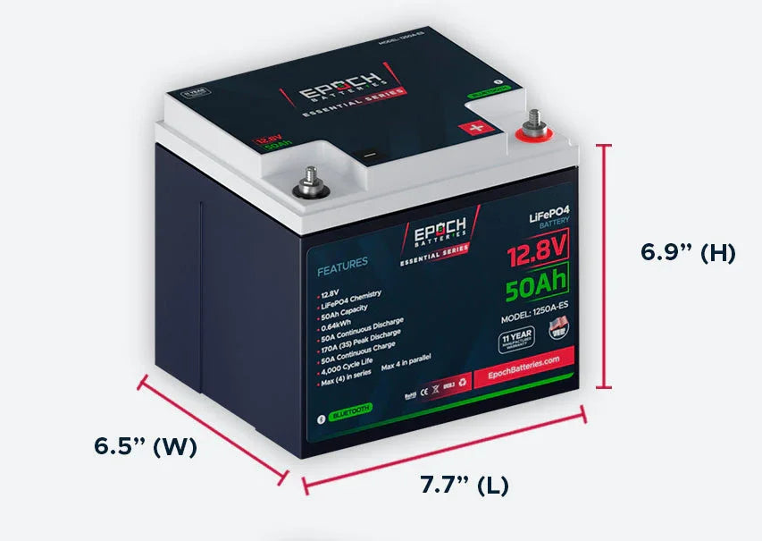 Epoch Batteries 12V 50Ah (0.64kWh) Essential Series - Bluetooth LiFePO4 Battery - Green Vista Living