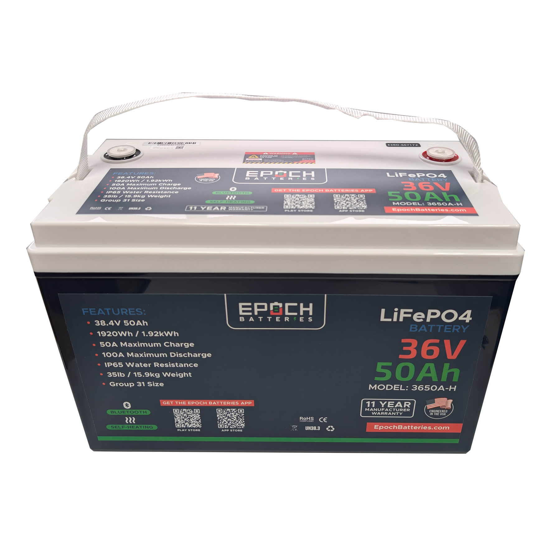Epoch Batteries 36V 50Ah Essential Series - Bluetooth & Heated LiFePO4 Battery - Green Vista Living