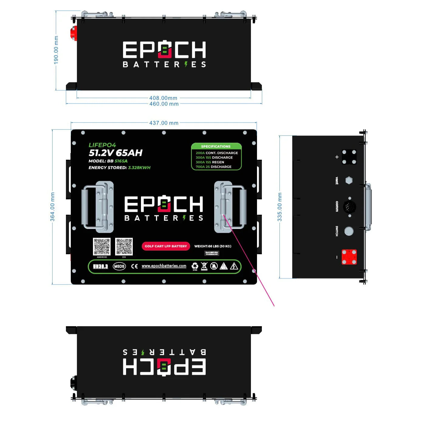 Epoch Batteries 48V 65Ah - LiMax Series - Lithium (LiFePO4) Golf Cart Battery - Complete Kit Epoch Batteries