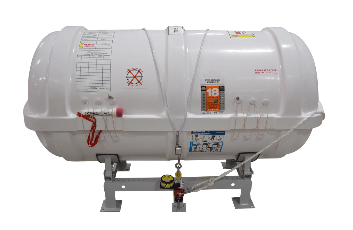 Revere Liferaft USCG/SOLAS 8 Persons Round Canister (A) w/ HRU &; Cradle