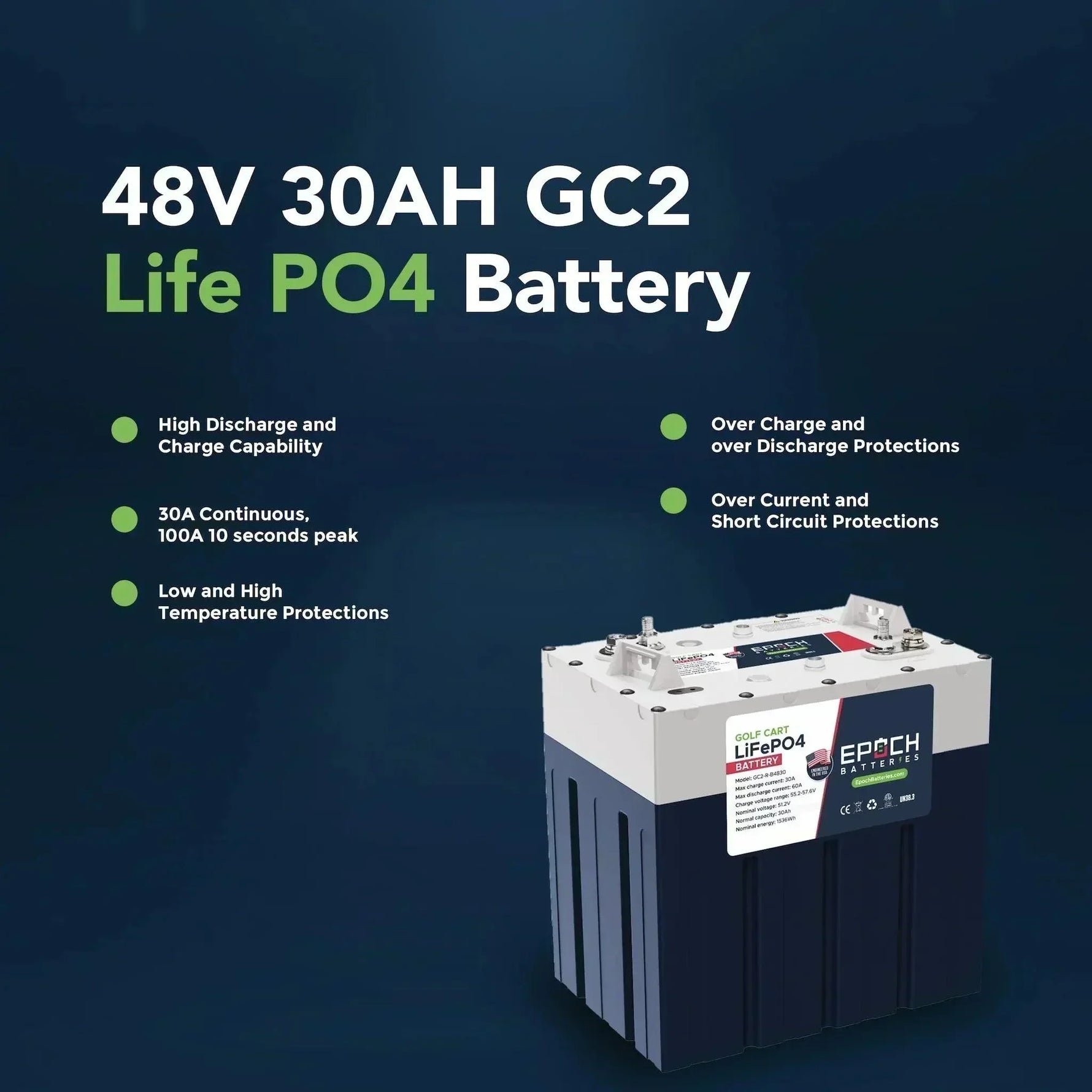 Epoch Batteries 48V 30Ah GC2 - Golf Cart LiFePO4 Lithium Battery - Green Vista Living